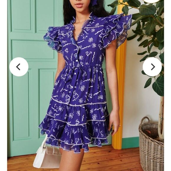 CeliaB Sabrina Blue Floral Pearl Trim Ruffle Dress | M - Picture 1 of 10
